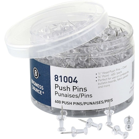 Business Source 0.5" Head Pushpins, Clear, PK600 BSN81004